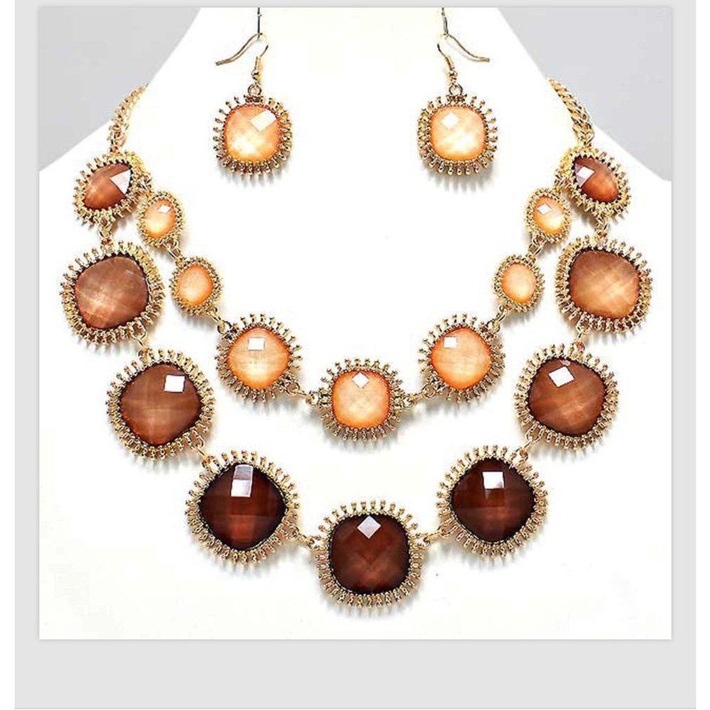 Women’s Necklace Earrings Set Brown Gold 18.5”L-21.5”L Layered Chain Ombré